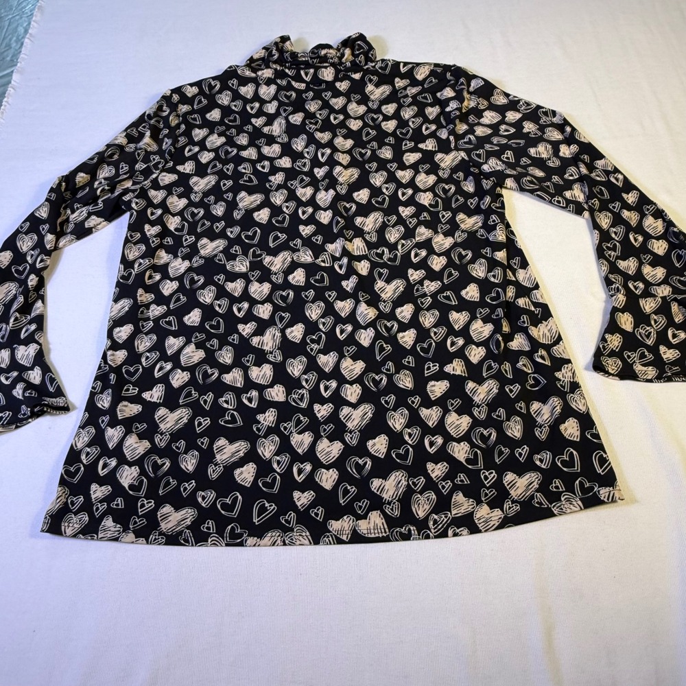 Susan Graver Black Heart Print Mock Neck Bell Sleeve Tunic Top M Stretch comfort - Picture 10 of 10